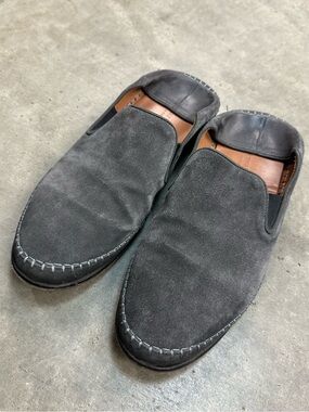 John Varvatos charcoal suede whipstitched crushed heel loafer